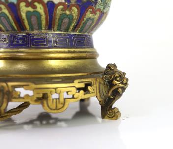 A pair of Chinese cloisonné enamel vases, 19th century with French gilt bronze lamp mounts